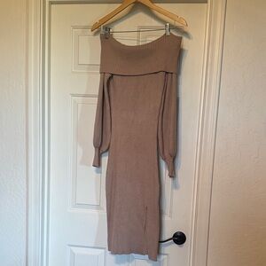 Elegant Tan Off-Shoulder Midi Dress
